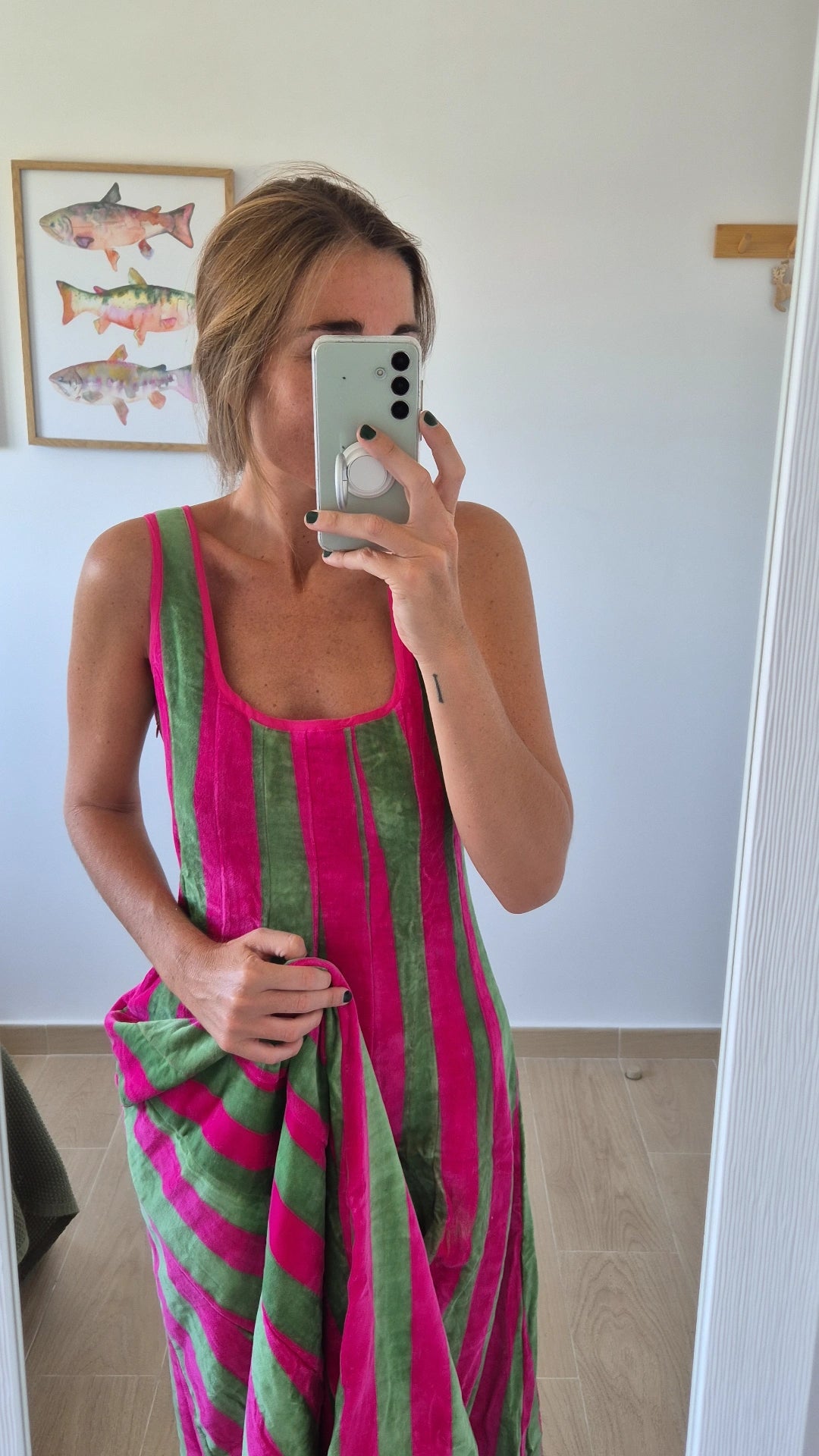Vestido Moniquita stripes fucsia verde