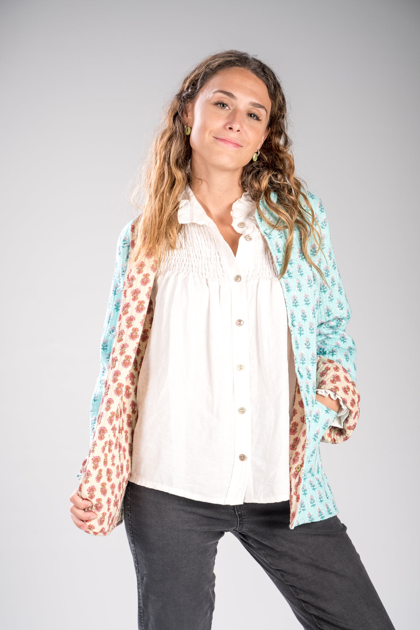 Chaqueta reversible turquesa-beige