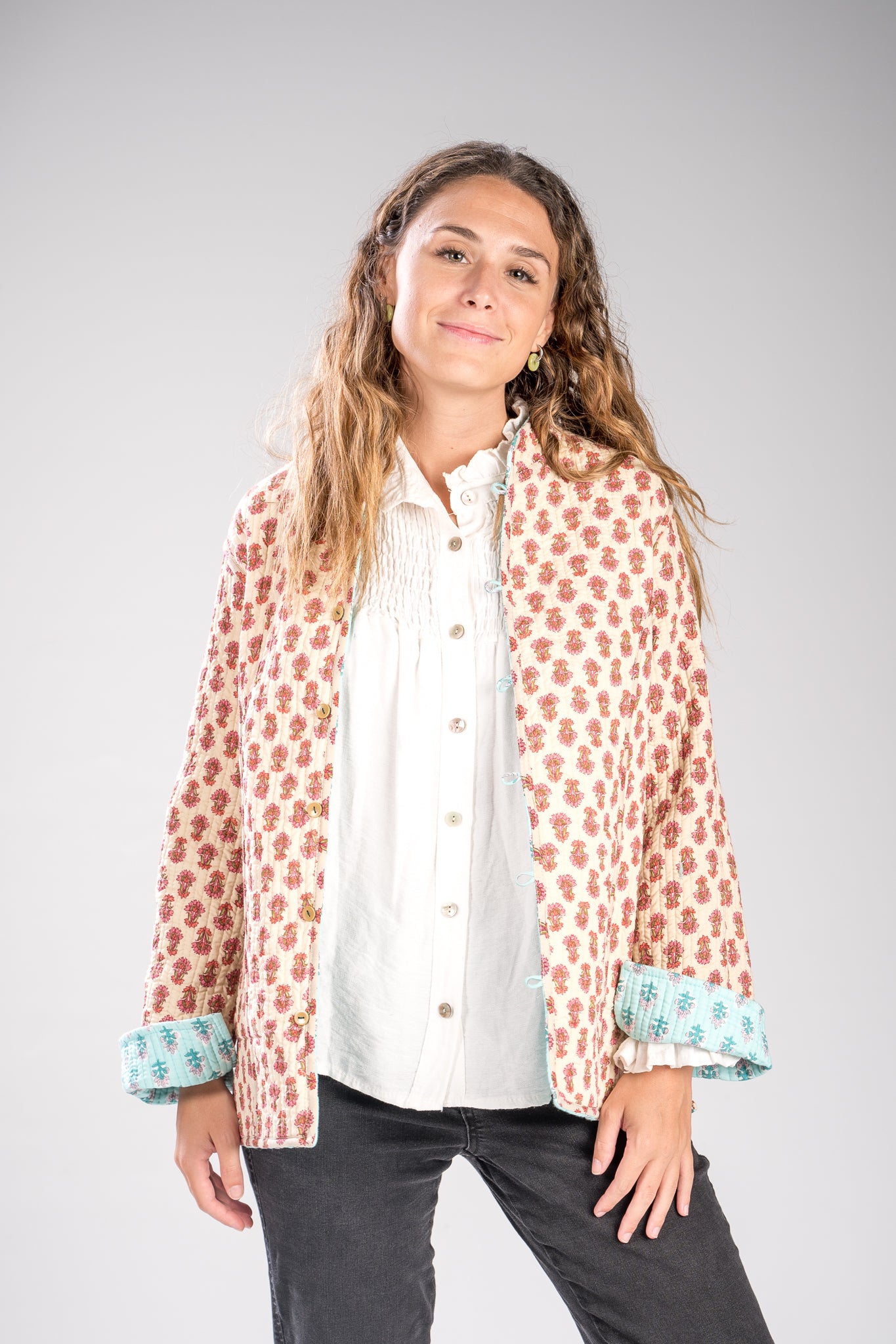 Chaqueta reversible turquesa-beige