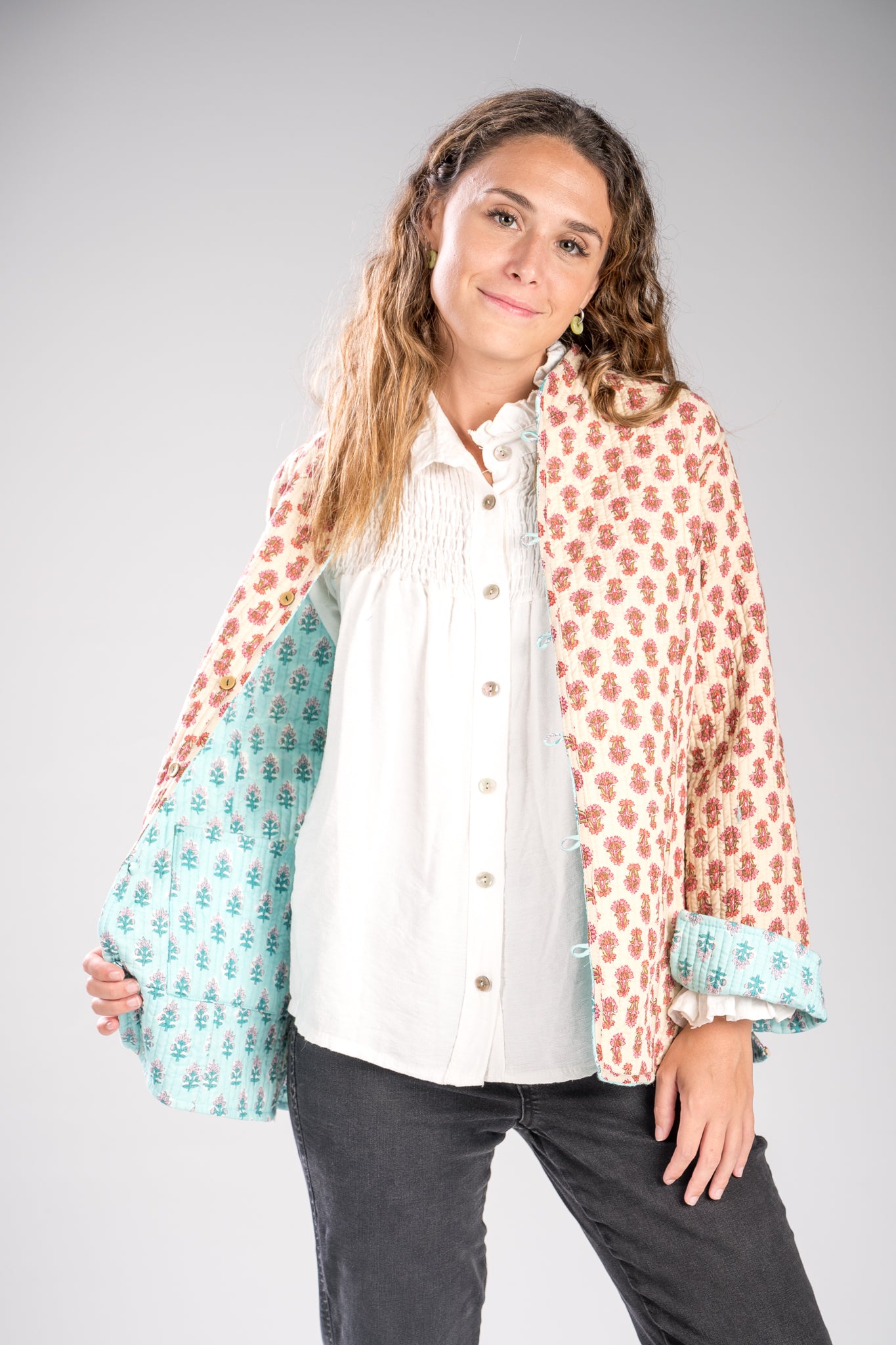 Chaqueta reversible turquesa-beige