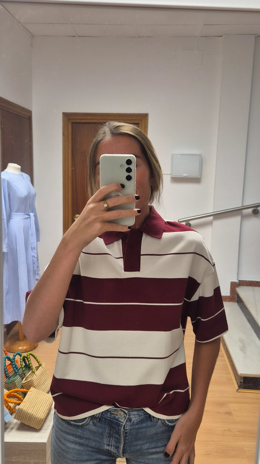 Polo rayas burdeos manga corta