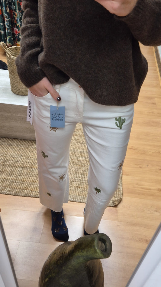 Pantalón denim bordado blanco