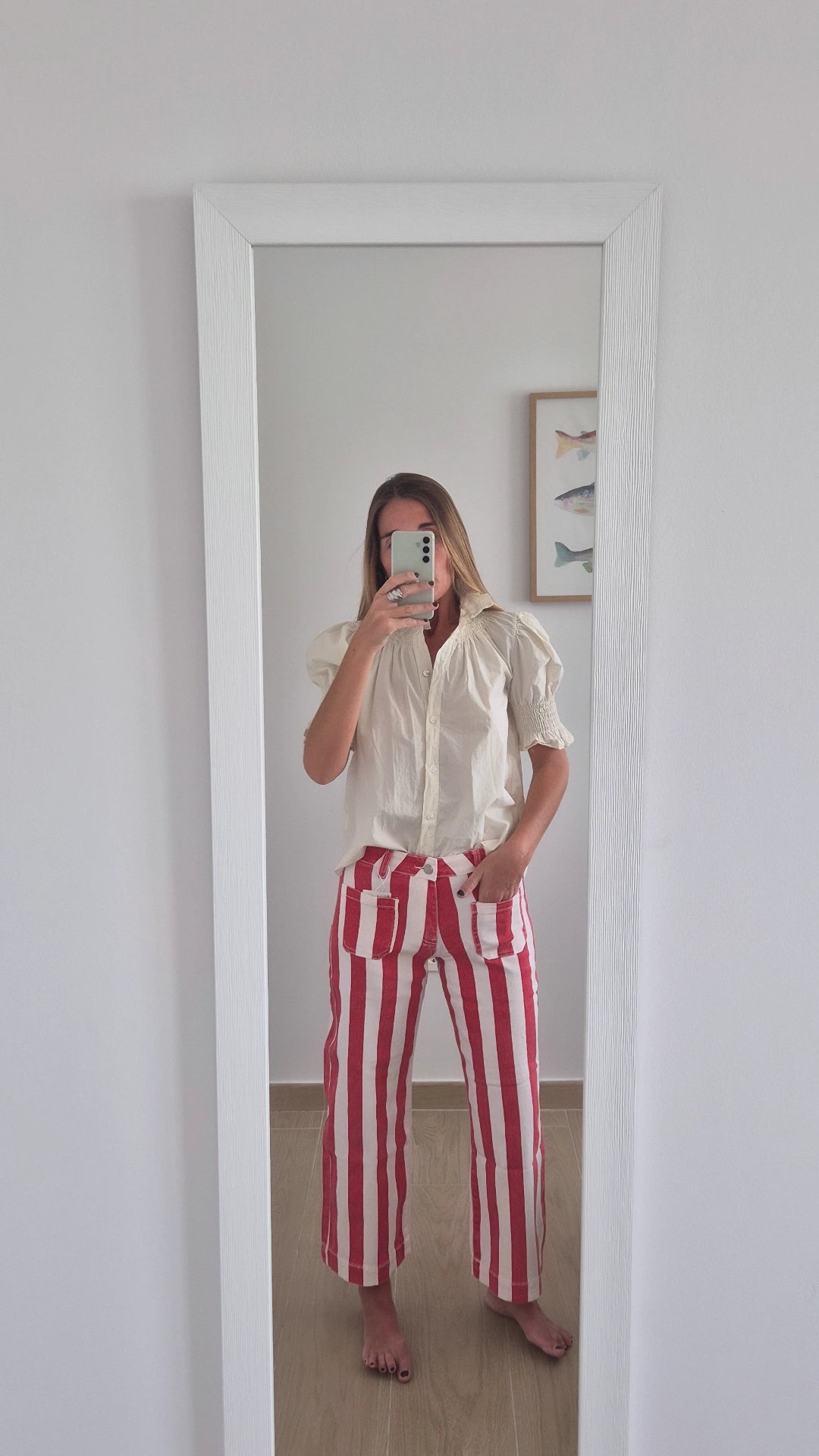 Pantalón denim rayas fresa