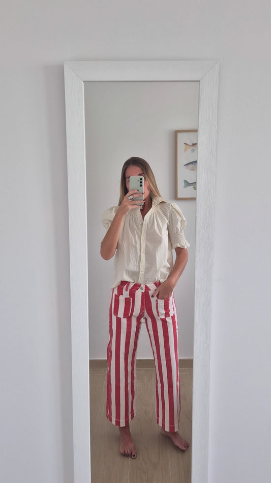Pantalón denim rayas fresa