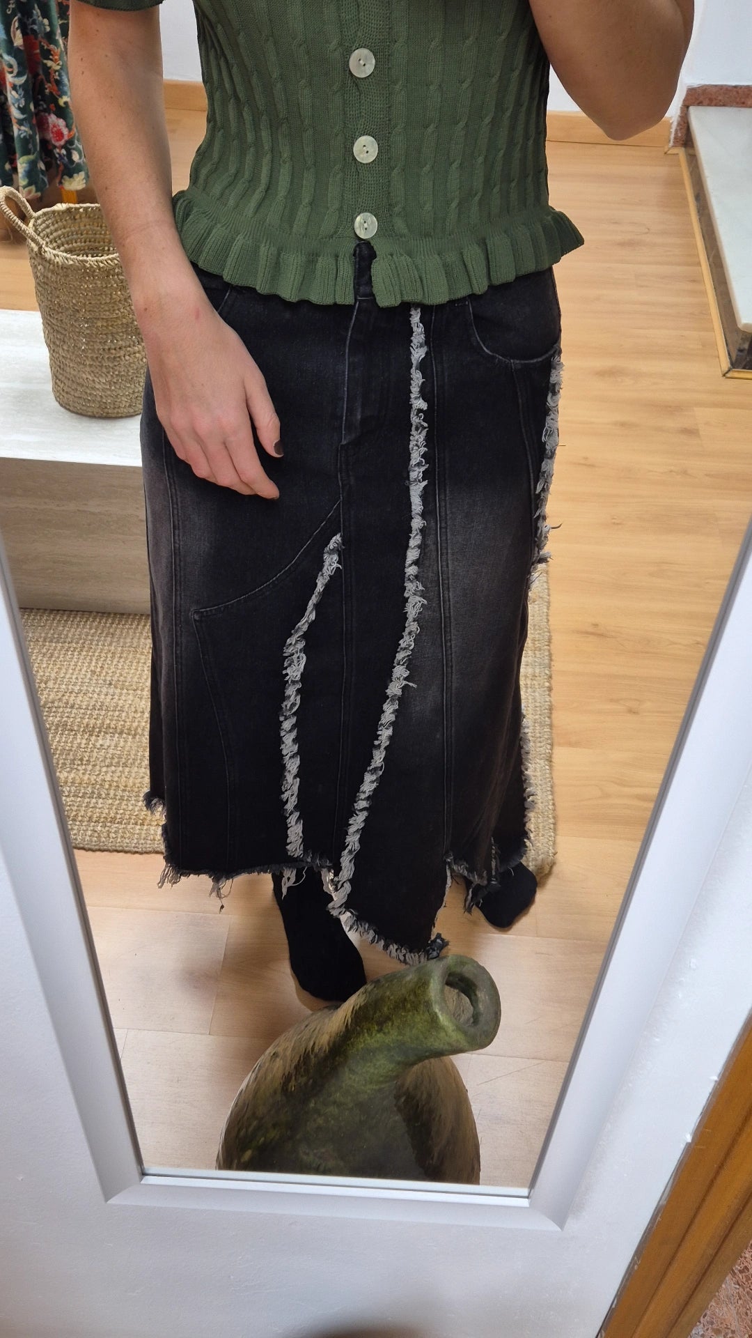 Falda denim patchwork raw edge