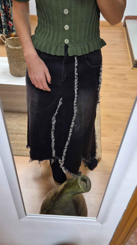 Falda denim patchwork raw edge