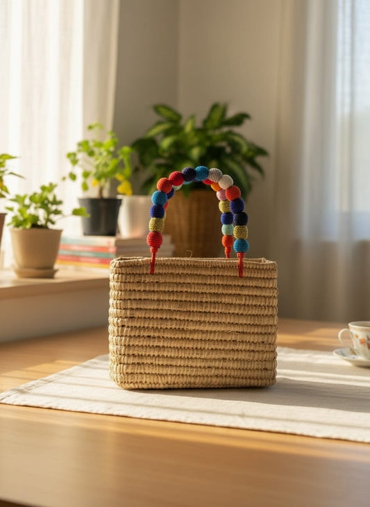Bolso artesanal de rafia y algodón arcoiris