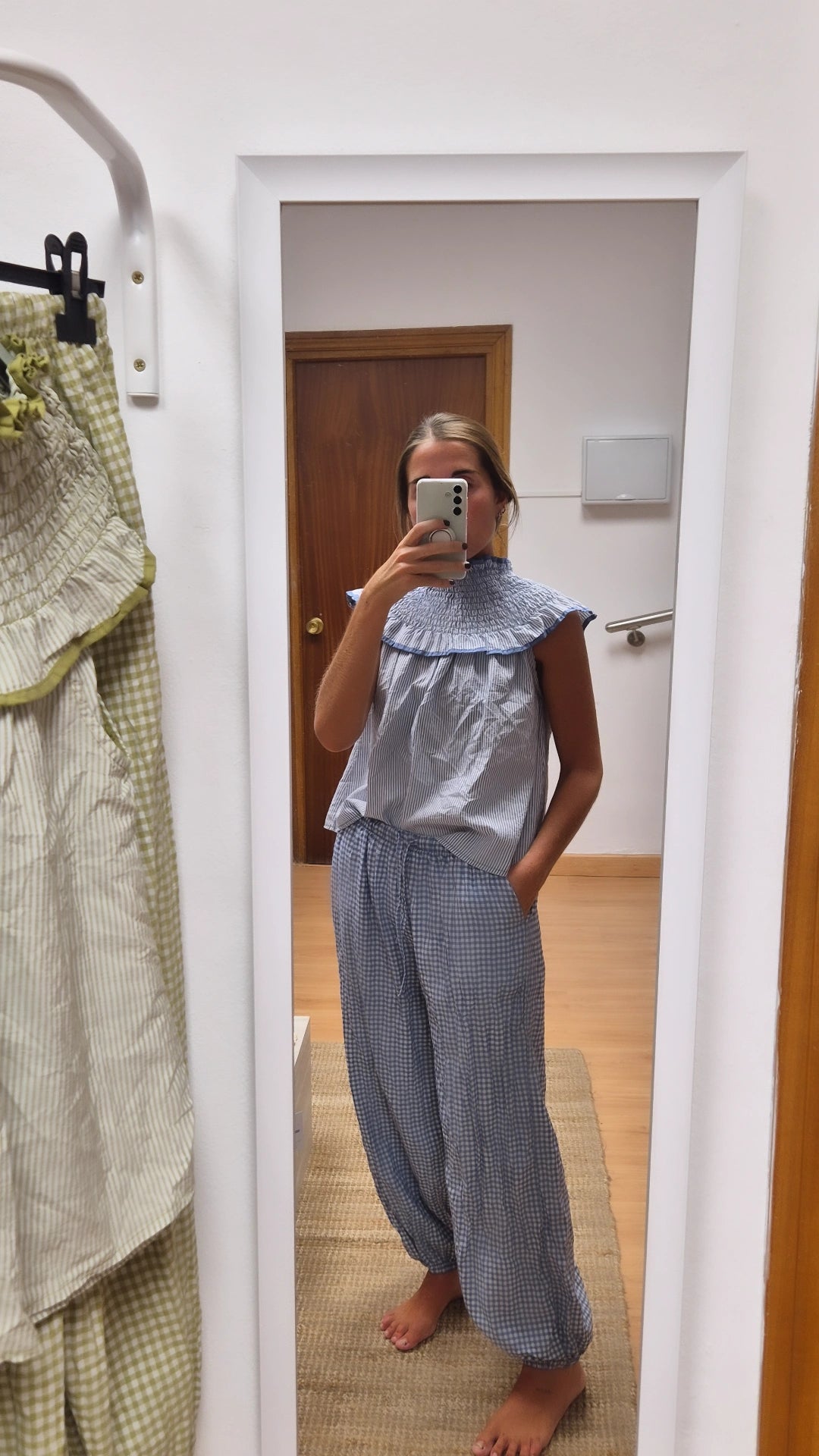 Pantalón bombacho cuadritos verde celeste