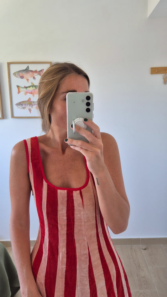 Vestido Moniquita stripes rojo rosa