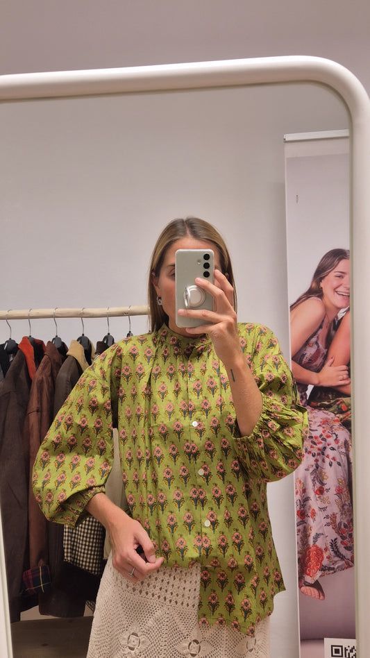 Blusa 100% algodón cuello mao pistacho