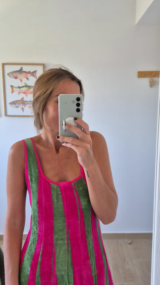 Vestido Moniquita stripes fucsia verde