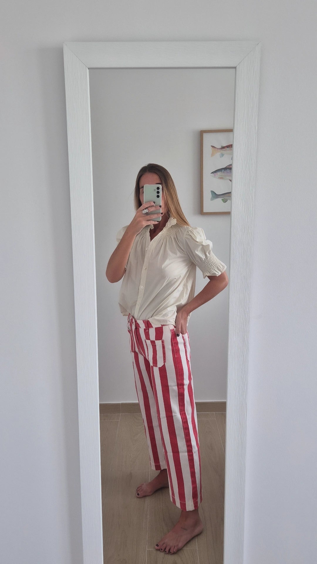 Pantalón denim rayas fresa