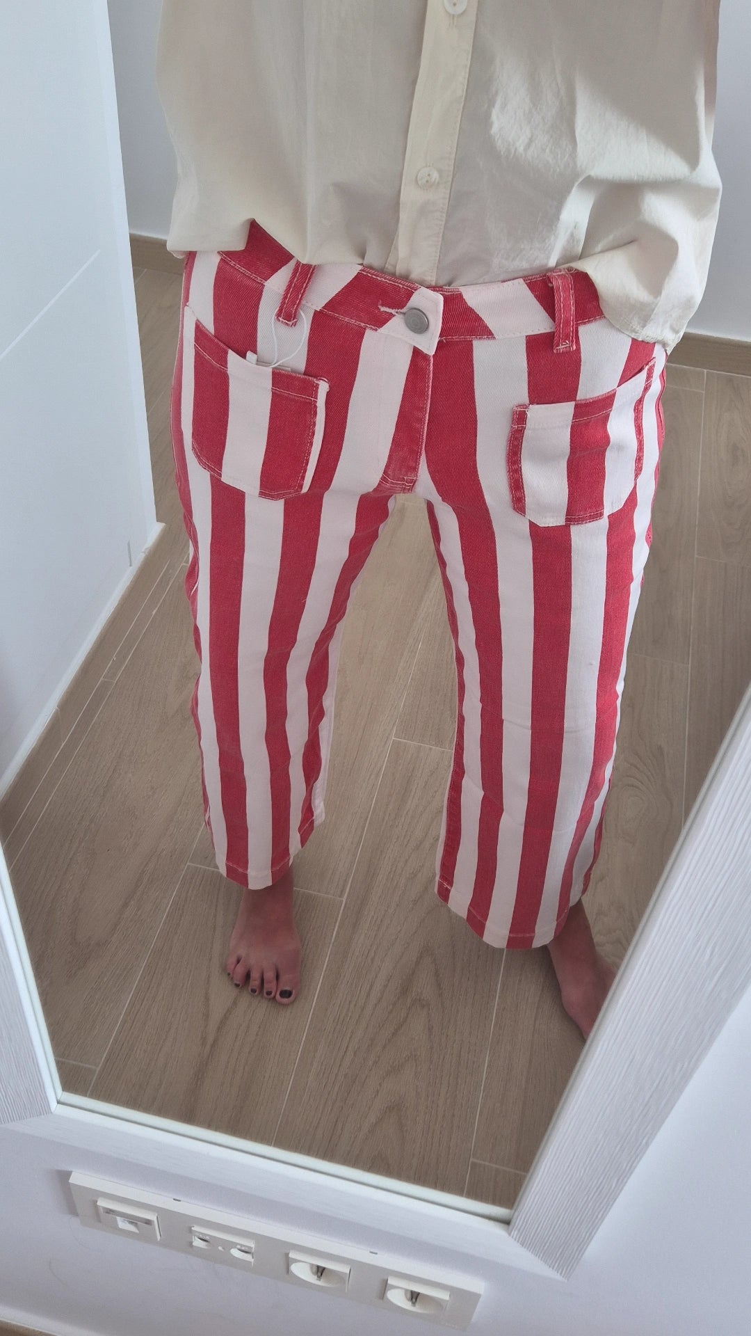 Pantalón denim rayas fresa