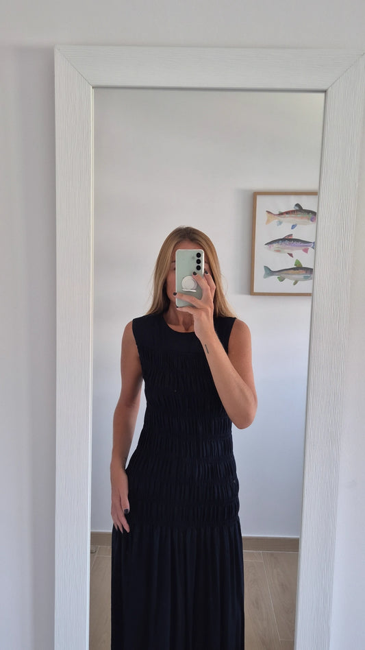 Vestido lino fruncido navy blue