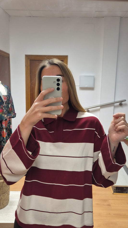 Polo rayas burdeos manga larga