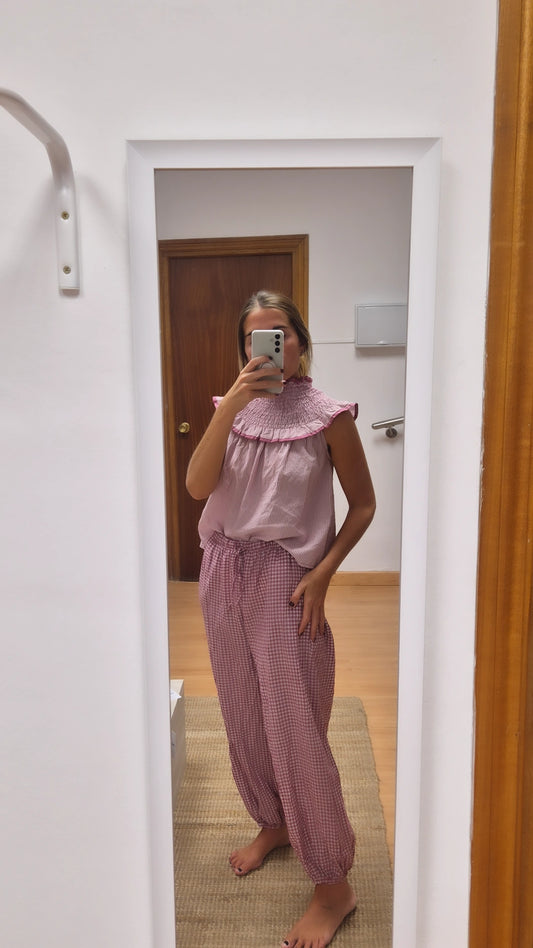 Pantalón bombacho cuadritos rosa