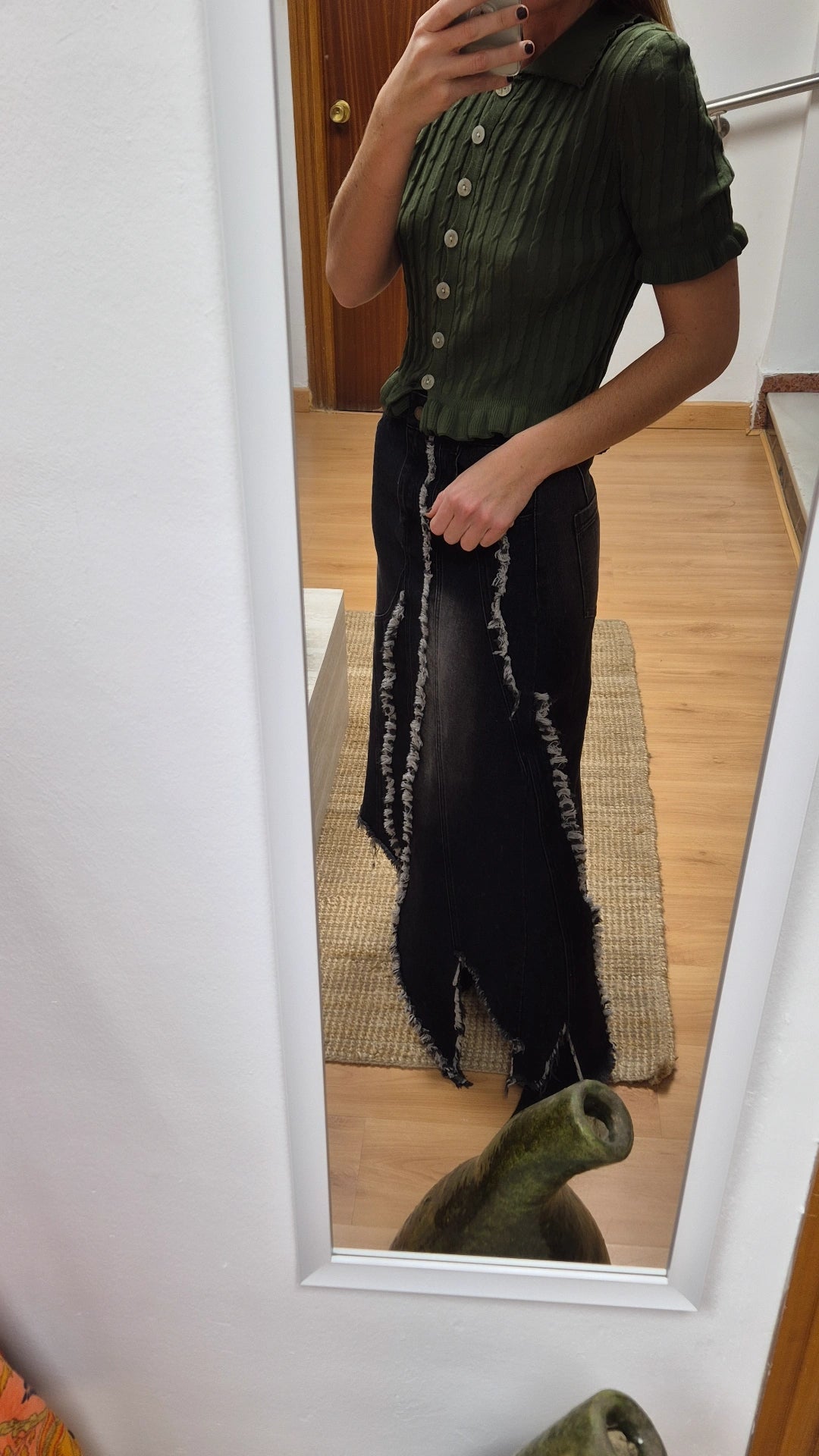 Falda denim patchwork raw edge