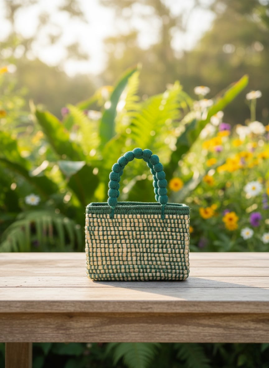 Bolso artesanal de rafia y algodón nácar
