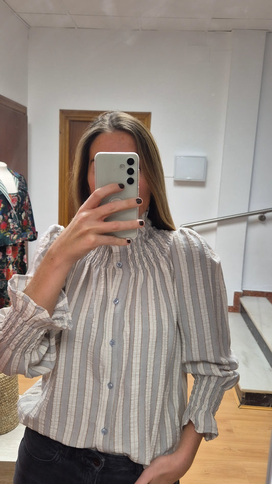 Blusa rayas fruncido algodón baby grey